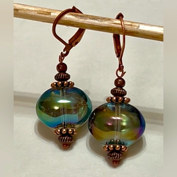 Antique Copper and Iridescent Czech Glass Earrings - Picture 9 of 12